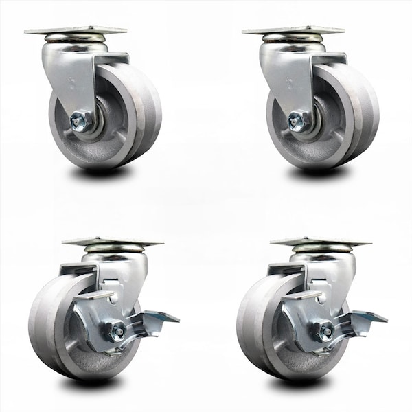 4 Inch V-Groove Semi Steel Swivel Caster Set with Ball Bearings 2 Brakes SCC